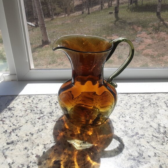 1960's Bischoff Kingston Pitcher Hand Blown Art Glass Green Amber Wayne Husted - Picture 5 of 9